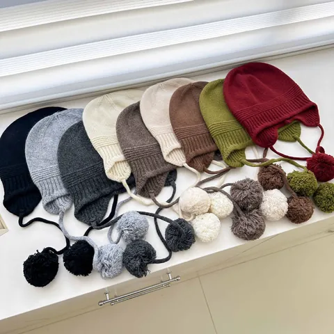 Women's 100% Wool Balaclava Hat Winter Warm Knit Earflap Hat With Pom-poms And Tassels Solid Color Thick Thermal Beanie Skull Cap