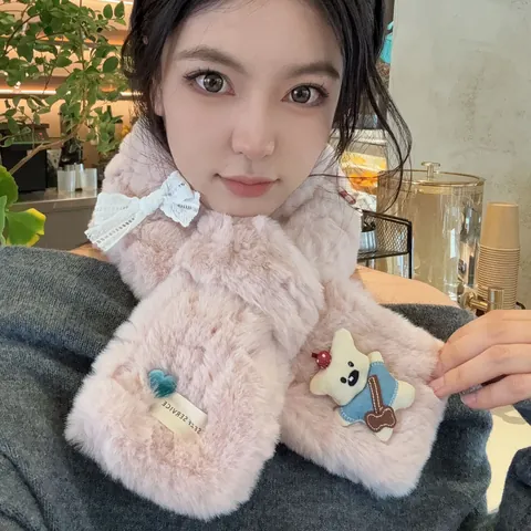 Cute Bear Faux Fur Scarf For Women Thickened Warm Winter Plush Neck Warmer Korean Sweet Bow Cross Collar Scarf