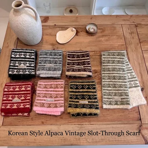 Retro Fair Isle Knitted Scarf Women Autumn Winter Thick Warm Ethnic Neck Guard All-Match Small Woolen Scarf Snood