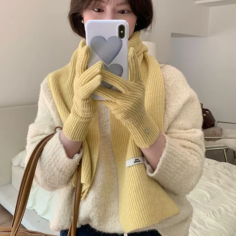 Korean Gentle Style Solid Color Rib-Knit Scarf and Glove Set Winter Warm Thick Yarn Scarf Mittens 2-Piece Set for Women Gift