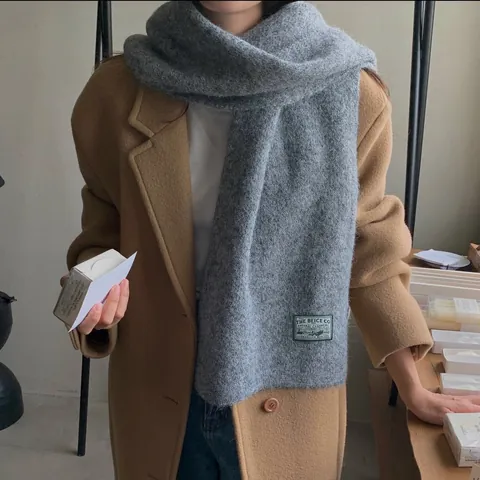 Korean Style Soft Wool Blend Knitted Scarf For Women Autumn Winter Warm Long Neck Wrap With Label Patch Aesthetic Thick Shawl