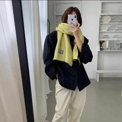 Korean Style Soft Wool Blend Knitted Scarf For Women Autumn Winter Warm Long Neck Wrap With Label Patch Aesthetic Thick Shawl