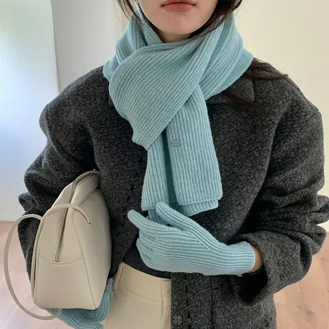 Korean Style Ribbed Knit Scarf Or Gloves Winter Warm Solid Color Metal Label Neck Wrap Hand Wear Unisex Casual Accessories