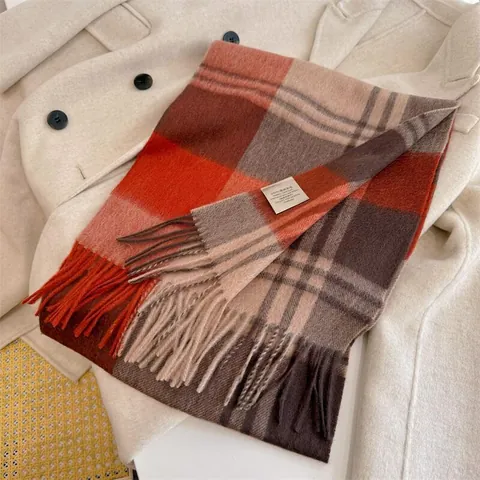 Vintage 100 Australian Wool Plaid Scarf For Women Winter Retro Checked Fringe Scarf Narrow Soft Warm Pashmina Shawl For Lady