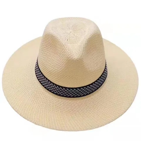 Chapeau de Paille d'Été pour Hommes Protection Solaire Bord Large Fedora Respirant Polyester Tissé Chapeau de Plage pour Père