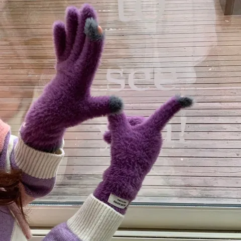 Women Winter Soft Coral Fleece Gloves Raspberry Purple Touchscreen Windproof Warm Outdoor Knitted Mittens For Ladies Cold Weather Accessories