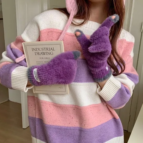 Women Winter Soft Coral Fleece Gloves Raspberry Purple Touchscreen Windproof Warm Outdoor Knitted Mittens For Ladies Cold Weather Accessories