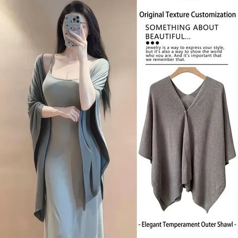 Scialle a Maglia da Donna Retro Nuovo Stile Cinese Cappa Tinta Unita Minimalista Scialle Avvolgente per Inizio Autunno Elegante Top