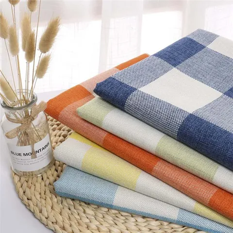 Thickened Polyester Plaid Fabric For Sofa Cover DIY Home Decorative Linen Look Coated Checkered Woven Fabric For Upholstery