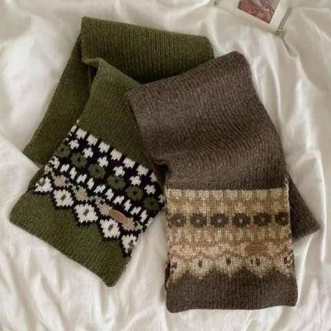 Women Retro Fair Isle Knit Scarf Wool Blend Geometric Pattern Autumn Winter Warm Thick Knitted Long Scarf Neck Wrap