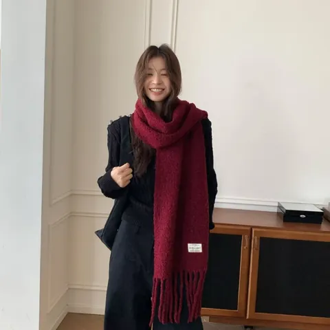Wool Blend Knitted Long Scarf For Women Solid Color Warm Winter Pashmina Shawl With Tassels And Rectangular Label
