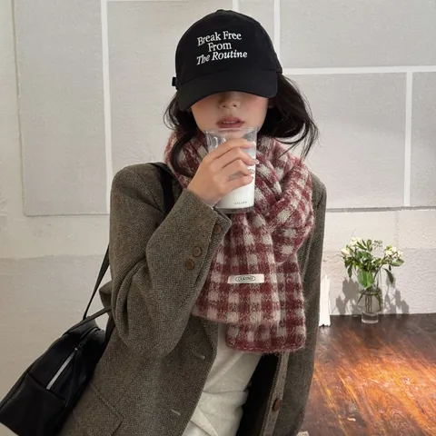 Korean Style Plaid Knit Scarf For Women Winter Warm Wool Blend Checkered Scarf Christmas Red Plaid Scarf Sophisticated Shawl