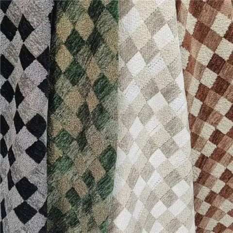 Checkered Chenille Fabric Thick High Density Woven Jacquard Upholstery Fabric For Sofa Chair Pillow Home Decor