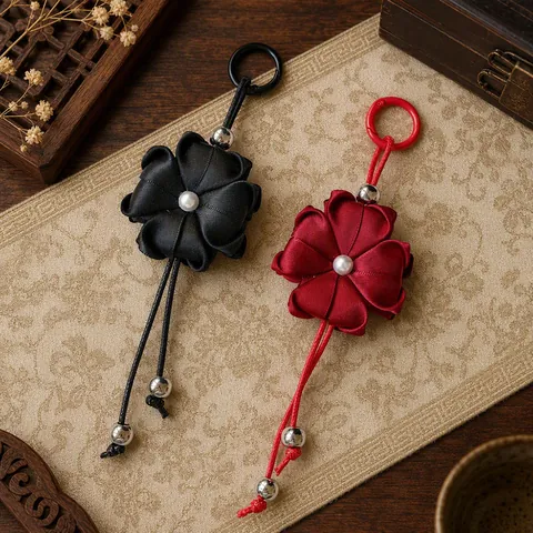 Chinese Style Satin Ribbon Four Leaf Clover Flower Keychain For Bag Charm Fashion Women Handcrafted Pendant With Artificial Pearl Metal Beads