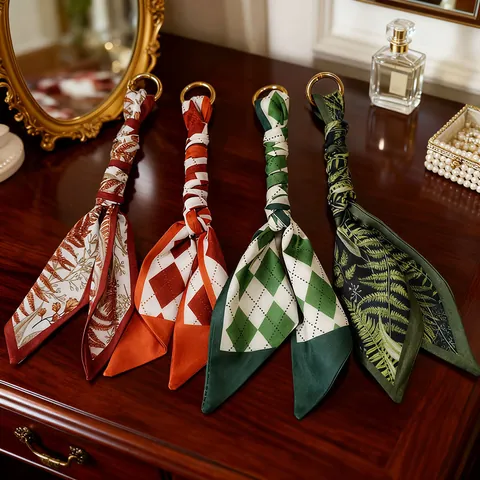 Forest Style Printed Silk Scarf Keychain Elegant Polyester Ribbon Bag Charm Pendant Alloy Metal Ring For Women Handbag Accessories Car Keys