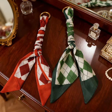 Forest Style Printed Silk Scarf Keychain Elegant Polyester Ribbon Bag Charm Pendant Alloy Metal Ring For Women Handbag Accessories Car Keys