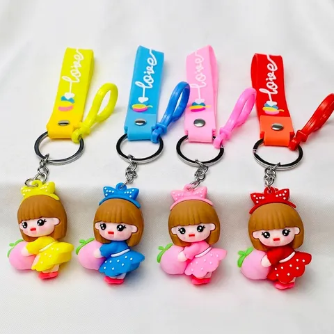 Cute Cartoon Girl Holding Peach Keychain Soft Silicone 3D Figure Charm For School Bag Car Key Pendant Gift