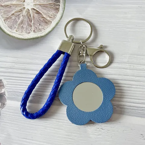 Porte-Clés Miroir Fleur en Cuir PU Pendentif de Sac Corde Tressée Mini Miroir de Maquillage Portable