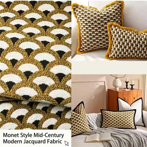 French Retro Mid Century Modern Ginger Yellow Shell Jacquard Chenille Upholstery Fabric For Sofa Pillow Cover DIY Home Decor
