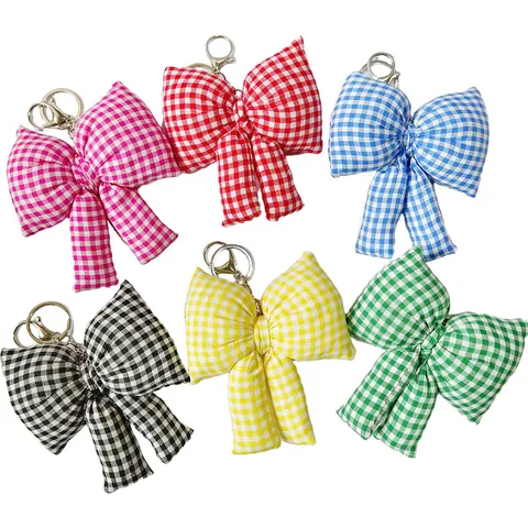 Porte-clés Nœud Papillon en Tissu Gingham Rembourré Style Coréen Pendentif de Sac à Carreaux pour Femmes Filles