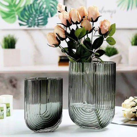 Nordische U-förmige Gerippte Glasvase Moderner Luxus Goldrand Transparente Rauchgraue Dekorative Blumenvase Für Wohnzimmer Dekoration