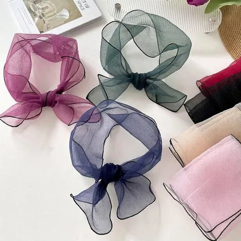 Elegant Organza Pearly Cotton Neck Scarf For Women Solid Color Long Hair Ribbon With Contrast Black Edge Sweet Style Bow Tie Ribbon