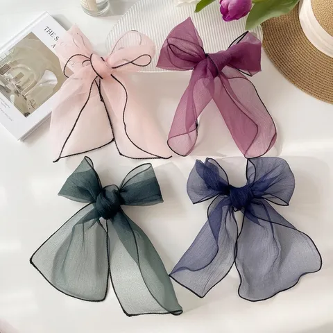 Elegant Organza Pearly Cotton Neck Scarf For Women Solid Color Long Hair Ribbon With Contrast Black Edge Sweet Style Bow Tie Ribbon