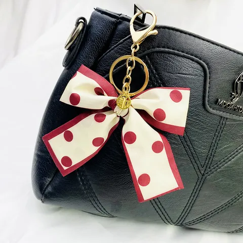 Porte-clés Noeud Foulard en Soie à Pois Rétro Bijou de Sac en Alliage Doré Accessoires Femme Cadeau