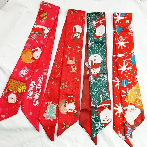 Christmas Polyester Ribbon Scarf Festive Snowflake Santa Claus Print Ribbon Satin Hair Band Gift Box Decor Scarf For Party Decoration