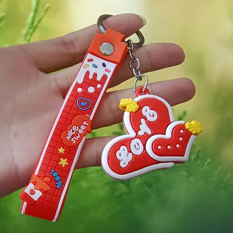 Porte-Clés Dessin Animé en Silicone 3D Double Cœur Impression Lettre Love Nice Sweet Pendentif de Sac pour Couples Cadeau d'Anniversaire Bijoux