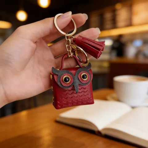 Porte-Clés Hibou de Dessin Animé Mignon Mini Porte-Monnaie en Cuir Charme de Sac Pendentif à Gland Anneau en Métal Or pour Clé de Voiture Cadeau Femme