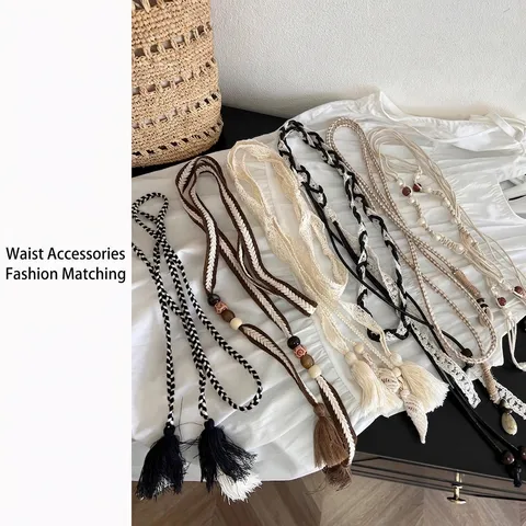 Women Bohemian Woven Cotton Waist Belt Ethnic Style Tassel Bead Braided Rope Adjustable Waist Strap For Dress Decoration