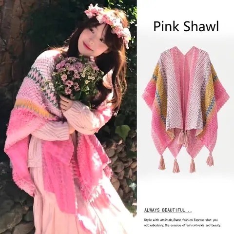 Ethnic Bohemian Knitted Shawl Cape For Women Tassel Fringed Poncho Wrap Retro Geometric Pattern Polyester Outerwear For Travel Vacation