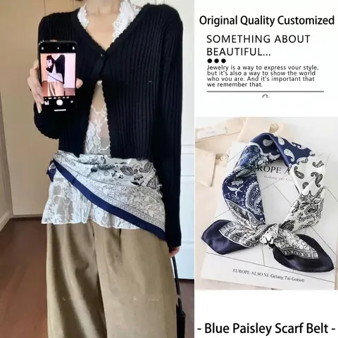 French Vintage Paisley Printed Polyester Satin Scarf For Women High-End Waist Scarf Headscarf Neck Accessory Square Scarf