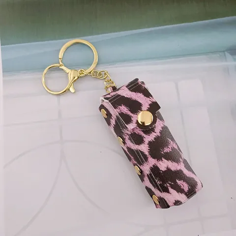 Fashion Leopard Print PU Leather Lipstick Case Keychain Gold Tone Hardware Mini Bag Pendant Car Key Ring Accessory