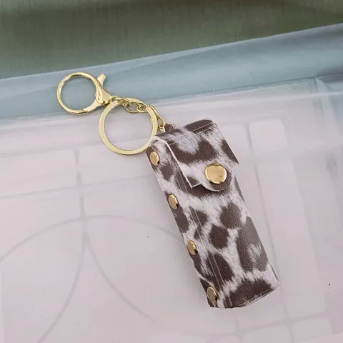 Fashion Leopard Print PU Leather Lipstick Case Keychain Gold Tone Hardware Mini Bag Pendant Car Key Ring Accessory