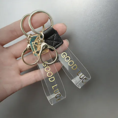Μόδα DIY Μπρελόκ Αξεσουάρ Διαφανές PVC Τεχνητό Δέρμα Κορδόνι Good Luck Γράμμα Εκτύπωση Τσάντα Διακοσμητικό Με Χρυσό Κούμπωμα Καραμπίνερ