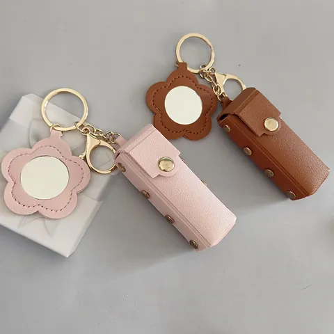 Pochette de Rouge à Lèvres Portable en Cuir Avec Porte-clés Miroir Fleur Mini Sac de Maquillage Pendentif de Sac Cadeau Femme