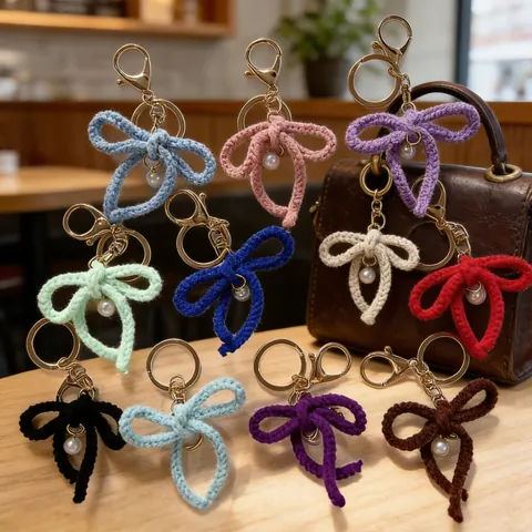 Porte-clés Nœud en Fil Fait Main pour Femmes Bijou de Sac Mignon Avec Décoration de Perle Artificielle Alliage