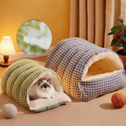 Geschlossenes Haustierbett Für Katzen Und Kleine Hunde Gingham-Muster Warmes Plüsch Katzenhaus Höhle Abnehmbares Winterwarmes Welpenbett Gemütliches Nest
