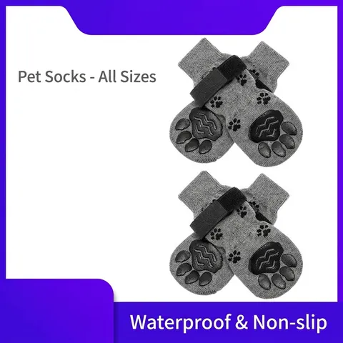 Rutschfeste Wasserdichte Hundesocken Für Kleine Mittelgroße Große Hunde Reine Baumwolle Atmungsaktive Haustiersocken Mit Verstellbarem Klettverschluss Pfotenschutz Grau