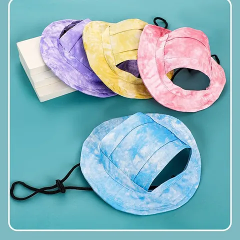 Verstellbare Polyester Batik Haustier Sonnenhut Mit Ohrlöchern Outdoor Atmungsaktiv Fischerhut Bucket Cap Für Kleine Hunde Katzen Zubehör