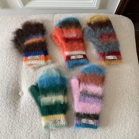 Ensemble Bonnet Beanie et Moufles en Peluche Rayé Multicolore Style Coréen Bonnet d'Hiver Chaud Tricoté pour Femmes Hommes
