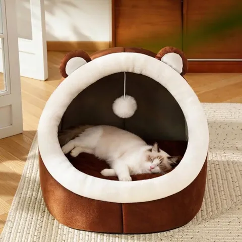 Halb Geschlossenes Haustierbett Warmes Plüsch Katzenhöhle Hundehütte Mit Hängendem Spielzeug Bär Apfelform Winterbett Für Hunde Katzen