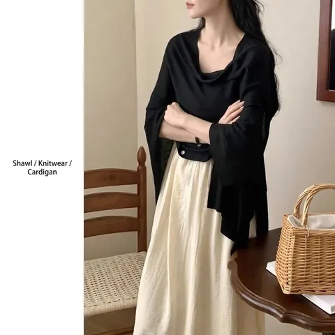 Women Sun Protection Knitted Shawl Elegant Solid Color Cardigan Button Cloak Cape For Summer Office Air Conditioned Room Jacquard Shawl
