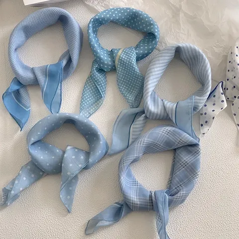 Vintage Literary Style Polyester Square Scarf For Women Breathable Blue White Polka Dot Plaid Striped Bandana Hair Scarf Neck Scarf Accessories