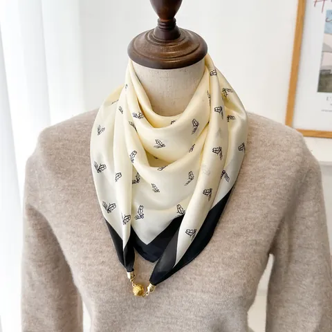Women Magnetic Triangle Neckerchief Satin Scarf Elegant Equestrian Print Neck Guard Square Scarf Small Neckerchief Accessories