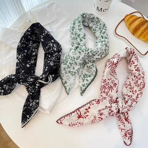 Women 100% Cotton Square Scarf Floral Print Crochet Lace Trim Head Scarf Neck Scarf Fashion Accessories Accessories Gift