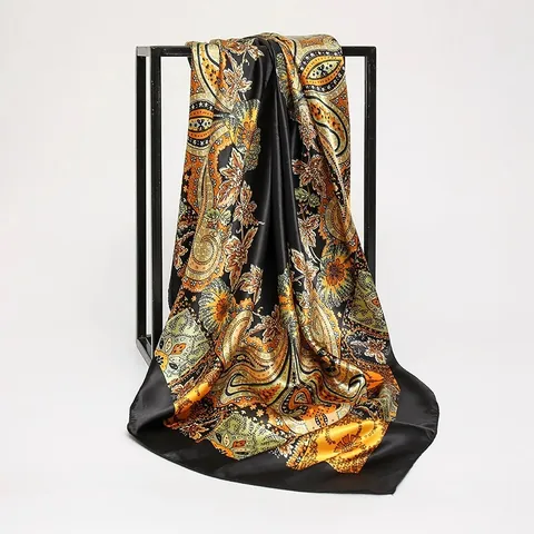 Women Retro Paisley Print Satin Square Scarf Large Faux Silk Head Scarf Wrap Shawl Fashion Hair Band Decorative Accessories