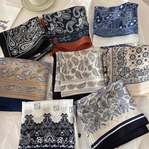 Women Vintage Paisley Printed Satin Square Scarf Elegant Business Office Professional Silk-Like Neck Scarf For Shirt Decor